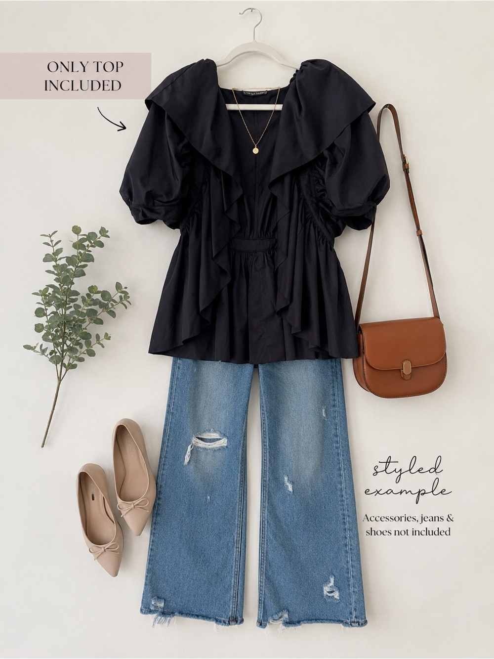 Gracia Black Ruffle Open Front Puff Sleeve Blouse Medium